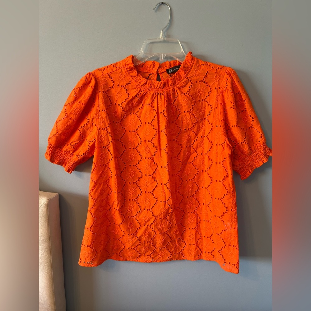New York & Company Orange Puff Sleeve Blouse